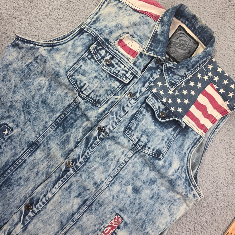 1738 Denim Vest Men 4XL Blue Acid Wash American Flag Distressed Trucker Biker